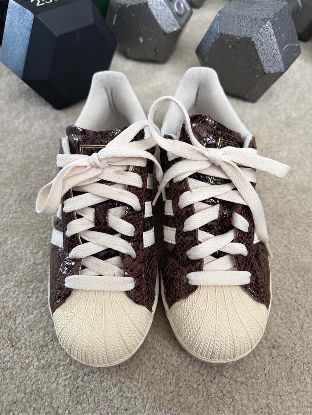 Adidas Classic Shell-Toe Sneakers in Brown and White